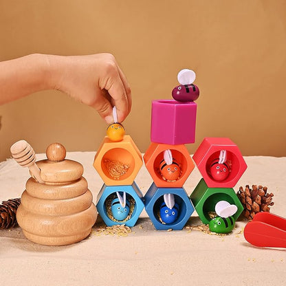 Sorting Stacking Wooden Toys for Toddlers, Bee Hive Toy, Montessori Sensory Bin Tools Toys for 3 4 5 Years Old, Fine Motor Skill Toys Early Learning Preschool Educational Gift for Kids