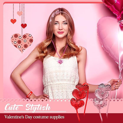 36 Pieces Valentine's Day Party Favors Set Includes 8 Valentines Heart Sequin Headbands 8 Heart Shaped Pendant Bead Necklaces 20 Silicone Bracelets Gifts for Valentine's Day Costume Party Accessory