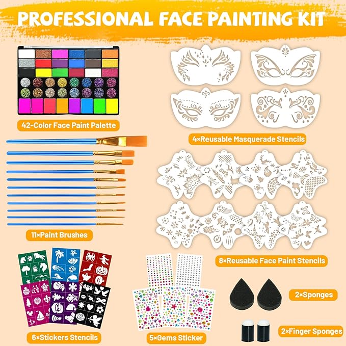 42 Colors Face Painting Kit, Non-Toxic Water Activated Face Paint Palette, Facepaint Makeup Kit with Brushes, Stencils, Gems, for Festivals, Halloween, Carnival, Birthday Parties