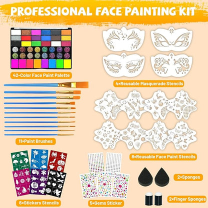42 Colors Face Painting Kit, Non-Toxic Water Activated Face Paint Palette, Facepaint Makeup Kit with Brushes, Stencils, Gems, for Festivals, Halloween, Carnival, Birthday Parties