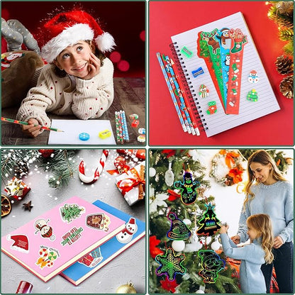 Christmas School Stationery Set with Rulers Pencils Erasers Stickers Treat Bags Party Favors for Kids Students Classroom Gift Exchange School Games Prizes Reward Carnival Holiday Gifts