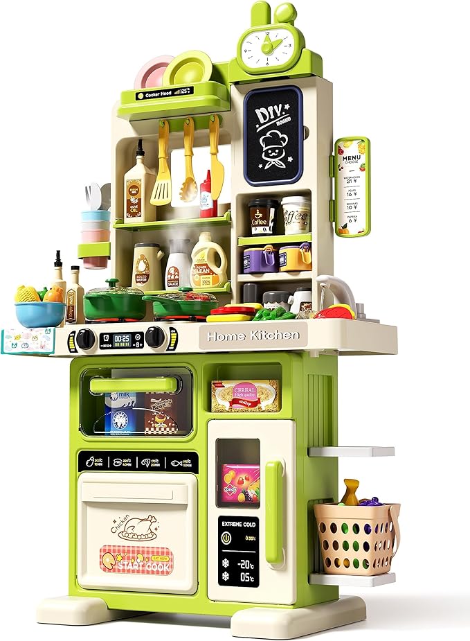 33.8IN - 70PCS Kids Kitchen Playset with Sound & Light - Cooking Stove with Steam, Play Sink and Toy Kitchen Accessories - Pretend Kitchen Play Food Toys for Kids Boys Girls - Toddler Play Kitchen Set