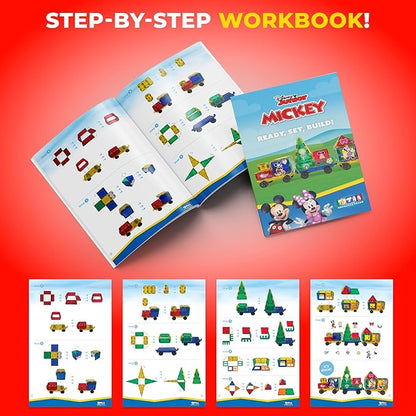 Official Disney Junior Mickey Train Magnetic Tile Set – 41-Piece STEM Building Kit with Wheeled Base Cars, Reusable Stickers & Learning Workbook – Educational Toy for Kids Ages 3+