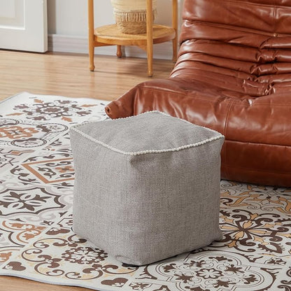 Louis Donné Unstuffed Pouf Ottoman Cover Footstool Square Poofy Ottomans for Storage Foot Rest Floor Cushion Cotton Fabric Decorative for Replacement with Pom Trim Lace 45x45(Only Cover)