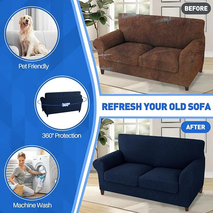 MAXIJIN 3 Piece Jacquard Couch Covers for 2 Cushion Couch Stretch Non Slip Love Seat Couch Cover for Dogs Pet Friendly Elastic Furniture Protector Loveseat Slipcovers (Loveseat, Navy Blue)