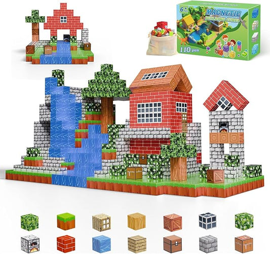 Magnetic Blocks 110PCS Toys for Boys & Girls Age 6 7 8 9 10(Village)