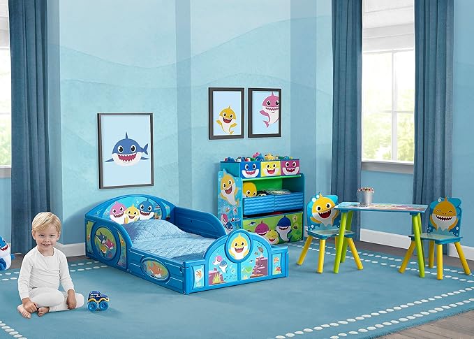Baby Shark Plastic Sleep and Play Plastic Toddler Bed with Attached Guardrails by Delta Children, Blue
