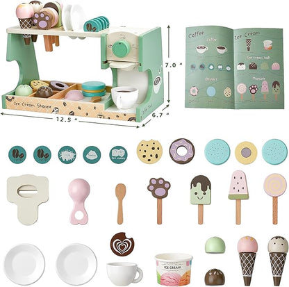 Wooden Ice Cream Toy, 3-in-1 Ice Cream Counter with Coffee Maker 28 PCS Toddler Pretend Play Kitchen Accessories Wooden Toys for 3 4 5 6 Year Old Girl or Boy (Ice Cream)