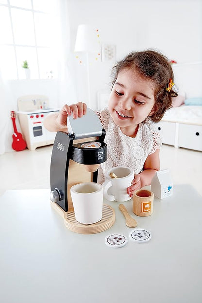 Hape Wooden Black Coffee Maker Kitchen Set with Accessories| Pretend Play Toy Set for Kids Ages 3 Years and Up