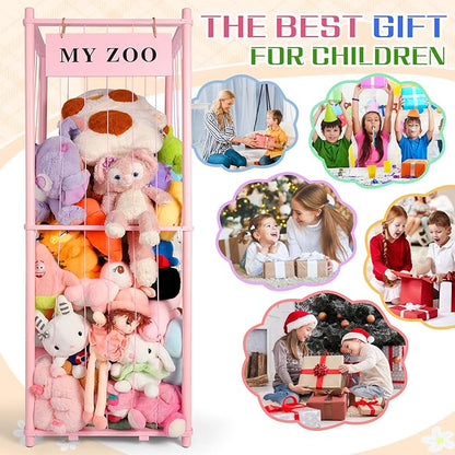 GLDZI Stuffed Animal Storage Zoo, Wooden Stuffed Animal Organizer with Elastic Cords for Boys Girls, Space Saving Toy Plushies Storage Holder for Playroom, Bedroom, Living Room (Pink, Large)