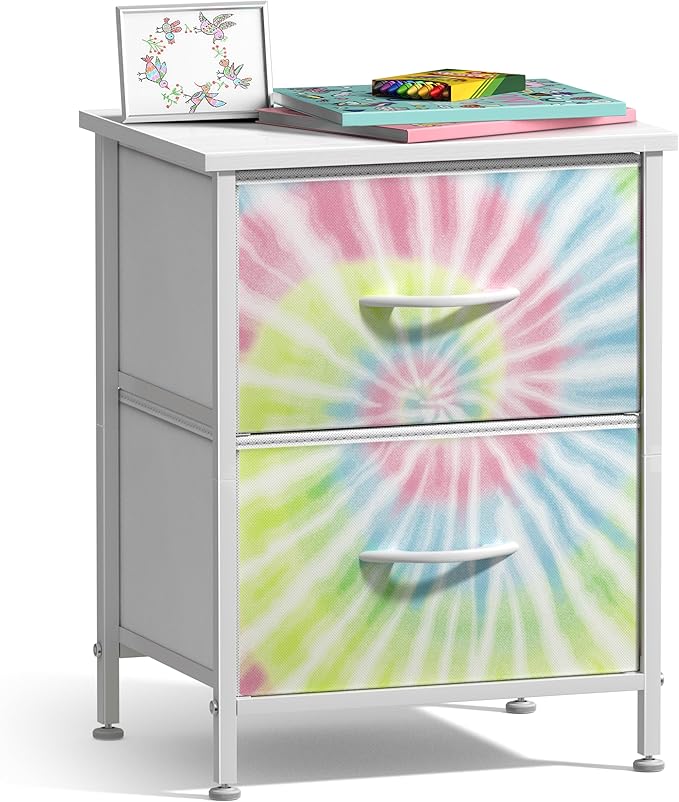 Sorbus Nightstand with 2 Drawers - Kids Bedside Furniture End Table Night Stand - Steel Frame, Wood Top & Easy Pull Fabric Bins - Dresser & Chest for Home, Bedroom Accessories, Office & College Dorm
