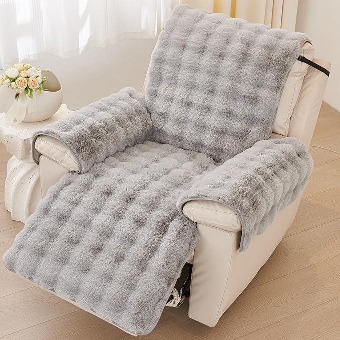 vctops Faux Fur Fluffy Recliner Chair Slipcover Faux Rabbit Fur Non Slip Sofa Cover Super Soft Plush Thick Couch Cover Furniture Protector with Elastic Straps for Kids, Dogs, Pets(Light Grey,24")