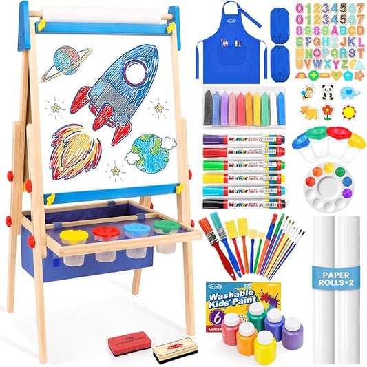 Art Easel for Kids Easel for Toddlers, Adjustable Wooden Kids Drawing Easel with Magnetic Whiteboard & Chalkboard, Kids Dry Erase Board, Easel for Kids Ages 3 4-8 9-12, Blue w/Bag