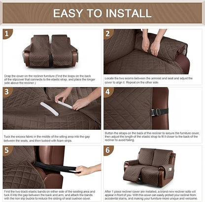 KinCam Waterproof Loveseat Recliner Cover, Non-Slip Reclining Couch Covers for 2 Seat, Recliner Sofa Cover Furniture Protector with Elastic Straps for Kids, Pets, Deep Brown