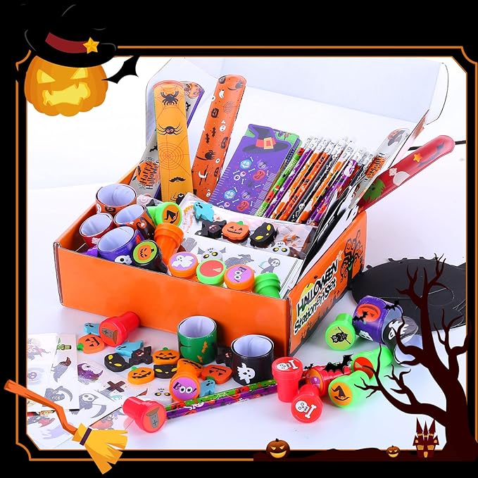192 Pcs 24 Pack Assorted Halloween Stationery, Party Favors for Kids, Goodie Bags Stuffers Set Including Pencils, Rulers, Stamps and Erasers in Trick or Treat Bags