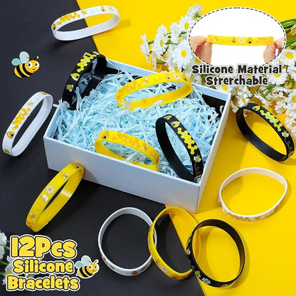 Winrayk 146Pcs Bee Party Favors Birthday Supplies Bee Gift Bag with Cards & Clips Pencil Mini Bubble Wand Honeycomb Silicone Bracelet Keychain Sticker Honey Bee Themed Party Favors Goodie Bag Stuffers