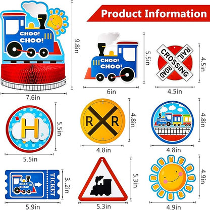 Train Birthday Party Decorations Set, Happy Birthday Banner Train Honeycomb Centerpiece, with 6 Pieces Hanging Swirl Decoration for Birthday Party Supplies Baby Shower