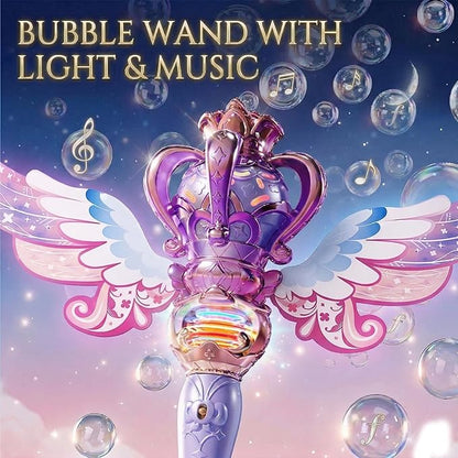 Uregoio Princess Bubble Wands Machine for Kids with Rotating Design, Outdoor Bubble Maker Toys for Kids Ages 4-8, Rechargeable Light & Music Fairy Wands, Party Birthday for 3+ Year Old Girls(Purple)