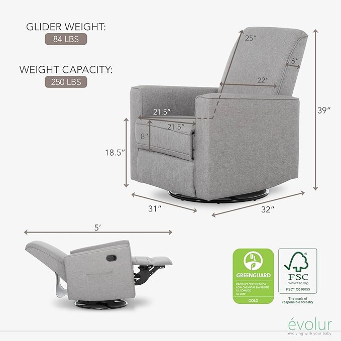 Evolur Raleigh Glider in Light Grey, Upholstered Plush Seating 360° Swivel Glider Rocking Chair, FSC Certified, Greenguard Gold & JPMA Certified Nursery Glider Recliner