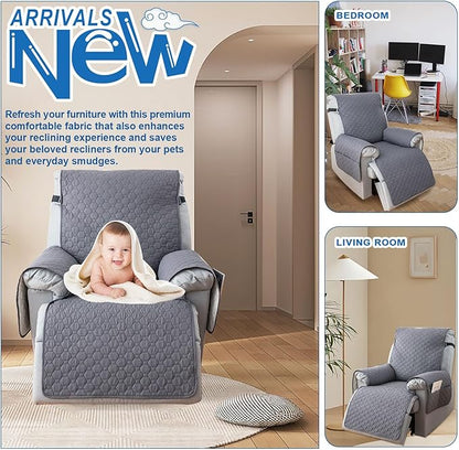 100% Waterproof Recliner Covers for Recliner Chair, Non-Slip Recliner Chair Cover with 5 Pockets, Elastic Straps, Washable Reclining Chair Protector for Kids, Pets, Dogs, Light Gray