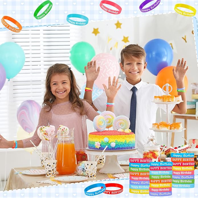 Sratte 120 Pcs Happy Birthday Rubber Bracelets for Kids Stretch Wristbands Bulk Birthday Bracelets for Classroom Student Back to School Gift Teacher Birthday Party Favors Supplies