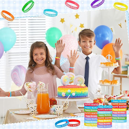 Sratte 120 Pcs Happy Birthday Rubber Bracelets for Kids Stretch Wristbands Bulk Birthday Bracelets for Classroom Student Back to School Gift Teacher Birthday Party Favors Supplies