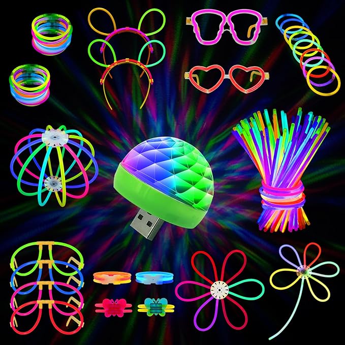 MOSSDNAR Glow Sticks, 229pcs Glow Sticks Bulk Party Pack with USB Mini DiscoLight, Glow in the Dark Light Up Party Supplies for Kids Adults, Neon Bracelets Necklaces for Wedding Birthday Decoration