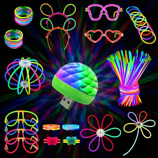 MOSSDNAR Glow Sticks, 229pcs Glow Sticks Bulk Party Pack with USB Mini DiscoLight, Glow in the Dark Light Up Party Supplies for Kids Adults, Neon Bracelets Necklaces for Wedding Birthday Decoration