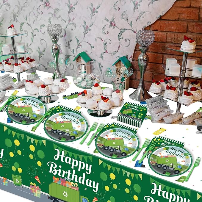 gisgfim Garbage Truck Birthday Party Supplies Trash Trucks Birthday Party Tableware Includes Party Plates Napkins Fork and Garbage Truck Theme Tablecloth for Birthday Parties Decorations Set Serve 20