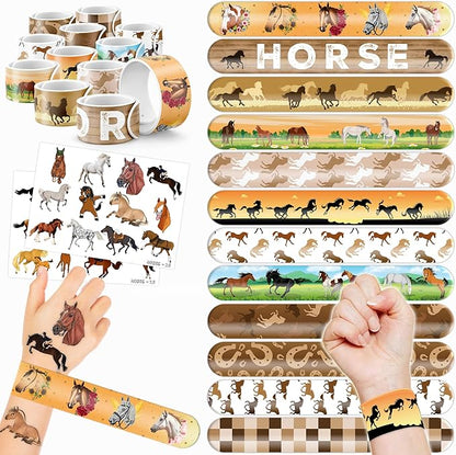 48PCS Horse Party Favors - 24 Tattoos & 24 Slap Bracelets, Perfect for Horse-Themed Birthdays, School Prizes, and Christmas Rewards for Kids
