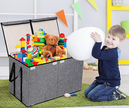 YOLOXO Large Kids Toy Box Chest Storage organizer with Double Flip-Top Lid - Collapsible Sturdy Toy Organizers And Storage Bins With Big Handles For Nursery, Playroom, 26.8"x13.8"x16"(Grey)