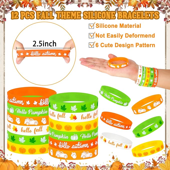 Erweicet Fall Party Favors 72 PCS Autumn Slap Bracelet DIY Stickers Plastic Straws Silicone Bracelets Tattoo Stickers Gift Bags for Kids Fall Harvest Party Classroom Rewards Goodie Bag Filler