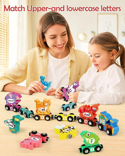 Wooden Alphabet Train Set for Toddlers – Magnetic ABC Train with Snap-Connection, Animal-Themed Educational Preschool Toy for Kids Ages 3-5, Montessori STEM Learning Gift for Boys and Girls
