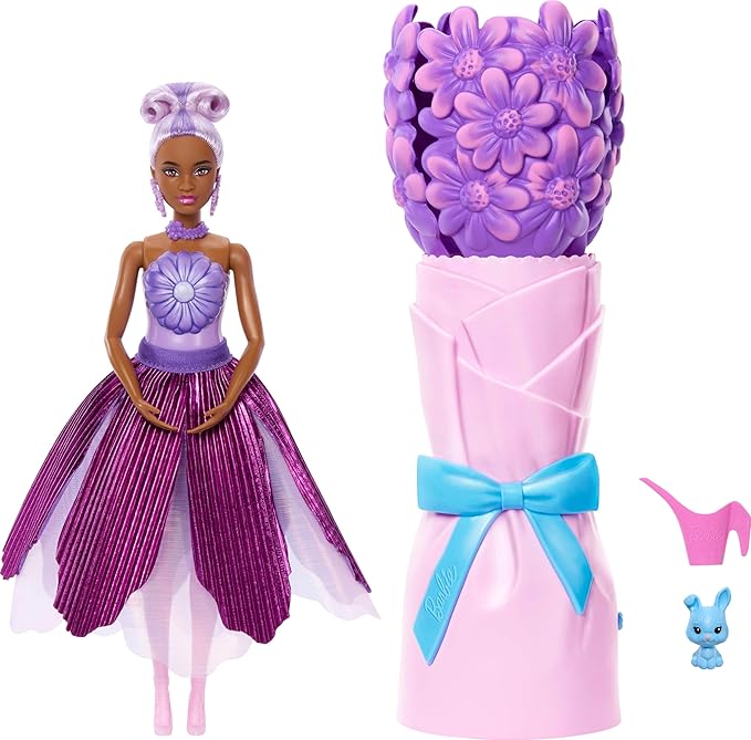 Barbie Petal Pop Scented Doll with Purple Floral Dress & Accessories, Bouquet Reveal with Pet Bunny & Surprises Like Watering Can, Necklace & Earrings