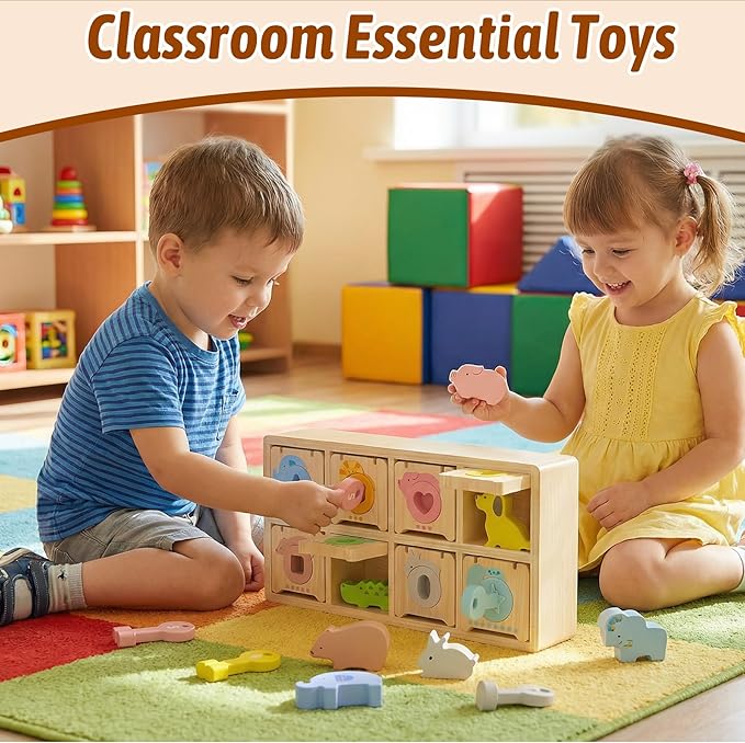 Montessori Toys for 2 year Old,Wooden Keys and Locks Set With 8 Wooden Animals and Keys,Learning Fine Motor Skills Toys for Toddlers,Preschool Educational Sorting Toys for 1-3 Boys and Girls Gift