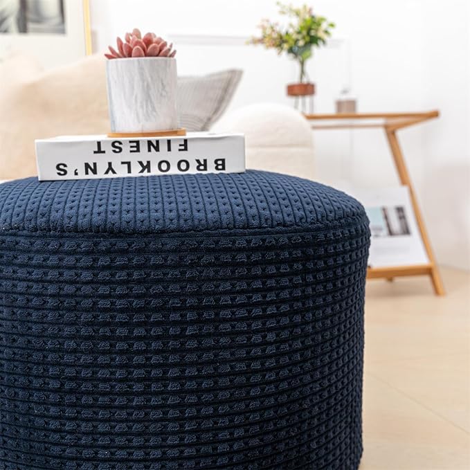 Pouf Ottoman Stuffed 20x20x12 Inches Floor Pouf Plush Fiber Ottoman Foot Rest Under Desk Foot Stool for Living Room Bedroom (Navy Blue Pouf with Filler)