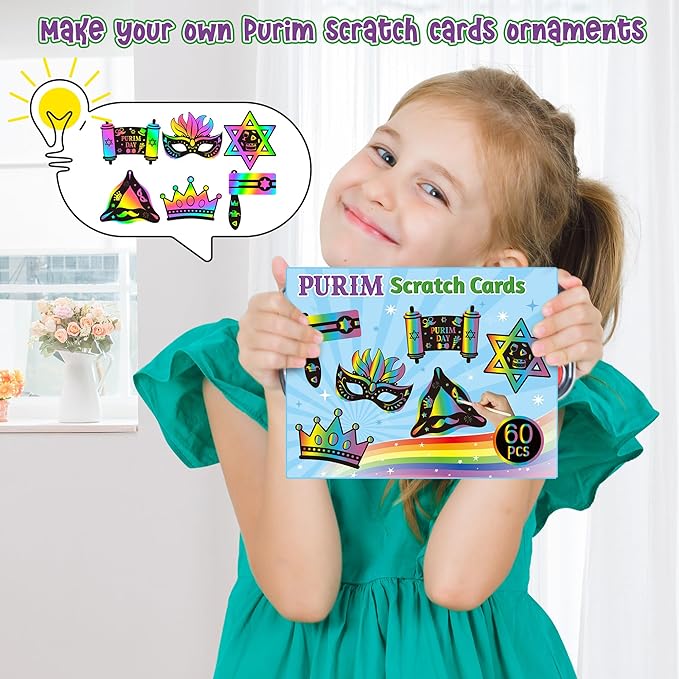 CY2SIDE Purim Day Scratch Cards - 60PCS Jewish Holiday Magic Color Rainbow Paper Bookmarks Craft Kits for Kids Sunday School Classroom Activities Art Project Decorations Religious Easter Party Favor