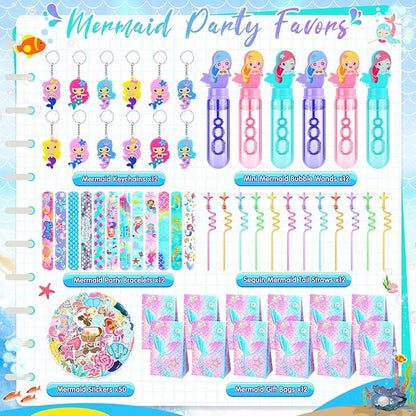 110 Pcs Mermaid Party Favors Birthday Decoration Party Supplies Mermaid Bubble Wands Straws Keychains Bag Snap Bracelet Stickers Fillers