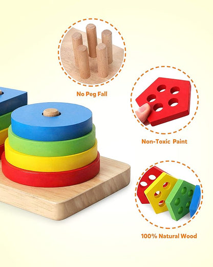 Coogam Wooden Sorting Stacking Montessori Toys, Shape Color Recognition Blocks Matching Puzzle Stacker Geometric Board Early Educational Puzzles for Years Old Boys and Girls