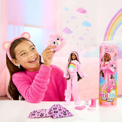 Barbie Cutie Reveal Doll & Accessories, Care Bears Series, Fashion Doll with Cheer Bear Plush Costume & 10 Surprises Including Color Change & Mini Bear