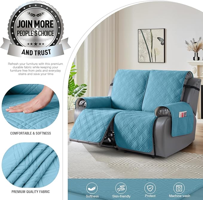 TAOCOCO 100% Waterproof Loveseat Recliner Cover, Non Slip Split Recliner Couch Cover with Elastic Straps, Washable Reclining Sofa Cover Furniture Protector for Kids, Pets(2 Seater, Sky Blue)