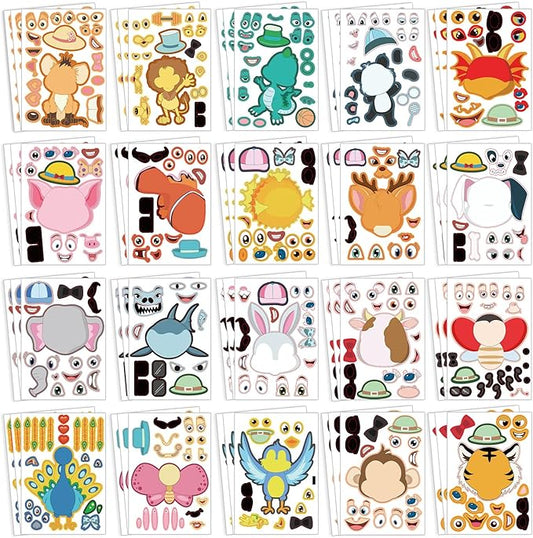 sinceroduct Make a Face Stickers for Kids, 60 PCS Multicolor Animal Decals, Paper Surface, Reusable, for Party Favors, Gifts, Rewards, Art Craft