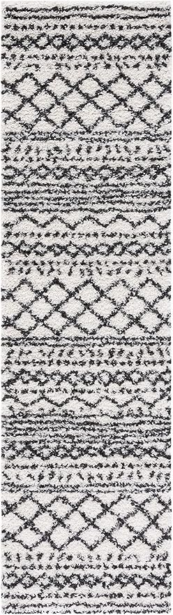 SAFAVIEH Arizona Shag Collection Runner Rug - 2'3" x 12', Ivory & Black, Moroccan Design, Non-Shedding & Easy Care, 1.6-inch Thick Ideal for High Traffic Areas in Living Room, Bedroom (ASG741Z)