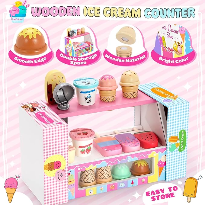 INNOCHEER Ice Cream Toy, Wooden Ice Cream Play Set, Pretend Play Kitchen Toys, Ice Cream Toys for Toddlers, Ice Cream Cart Play Store, Gifts Toys for 3 4 5 6 7 8+ Year Old Girls Boys