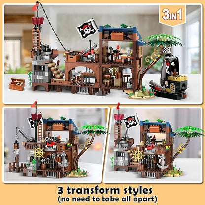 3 Style Pirate Ship Wharf Building Toy with LED Light - 781PCS Medieval Pirate's House Building Block Set, Architecture Bricks Kit for Kids Girls Boys Ages 6-12+ Birthday Gifts