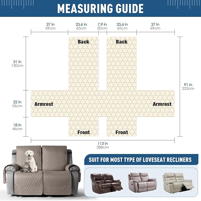 TAOCOCO 100% Waterproof Loveseat Recliner Cover-Recliner Cover with Non-Slip Granule, Recliner Chair Covers with Elastic Band,Washable Recliner Chair/Furniture Protector for Pets(Taupe, 2 Seater)
