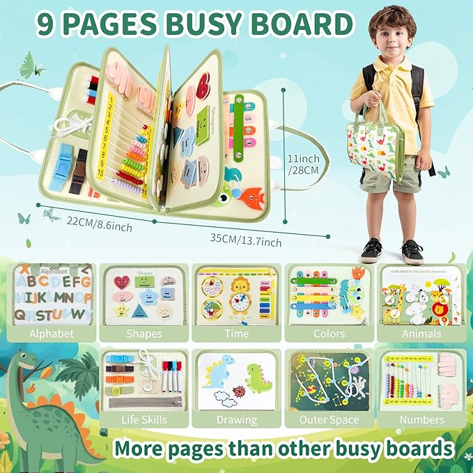 Aurasys Toddler Busy Board - Montessori Busy Book Travel Toys Sensory Board Educational Activity Book for Learning Fine Motor Skills, Gifts for Girls Boys Toddler