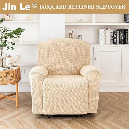 Jin Le 4 Pieces Recliner Cover Stretch Recliner Chair Cover - Reliner, Champagne 1 Seater Recliner Couch Covers Sofa Covers Jacquard Soft Furniture Protector with Elastic Bottom and Ties for Kids/Pets