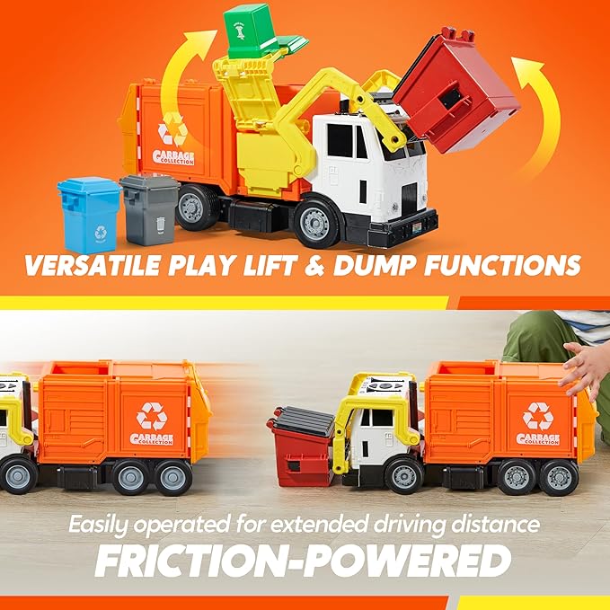 JOYIN Large Friction Powered Garbage Truck Toy Set, Includes Dumpster, Trash Bins, and Learning Cards for Kids, Orange