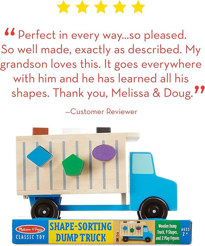 Melissa & Doug Shape-Sorting Wooden Dump Truck Toy, Quality Craftsmanship, 9 Colorful Shapes and 2 Play Figures, 7.5' H X 10.75' W X 4.75' L